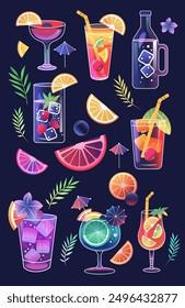 Colorful cocktails with fruit slices ice cubes and tropical leaves on dark background