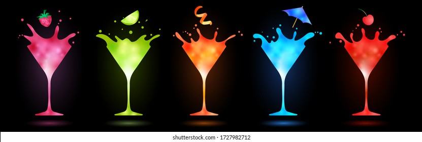 colorful cocktails in martini glasses splashing on black background