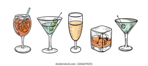 Colorful cocktails outline vector art illustration isolated on white background. Design for menu bar, cocktail bar and posters.