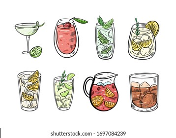 Colorful cocktails set. Flat stock vector illustration. Isolated on white background.