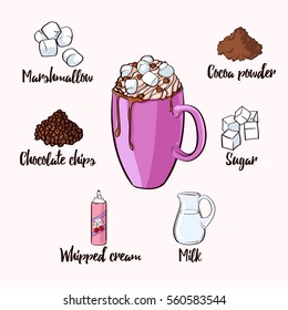 Colorful cocoa drink recipe with purple cup of ready beverage and ingredients for preparation isolated vector illustration
