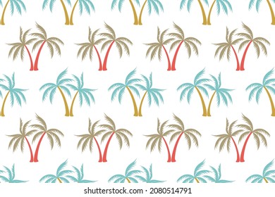 Colorful coconut tropical palm tree seamless pattern summer holiday vector illustration. Exotic leaves tropical silhouettes background. Thailand nature palm tree seamless rapport. Summer design.