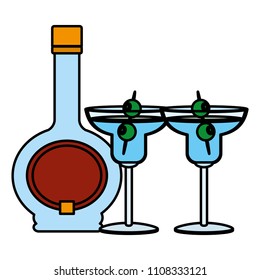colorful coctail liquor bottle and glass with olives