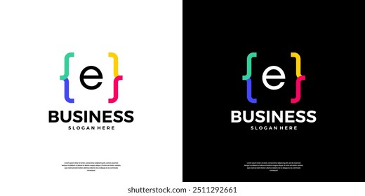 Colorful coding logo icon. Letter E logo with modern code programing symbol logo design.