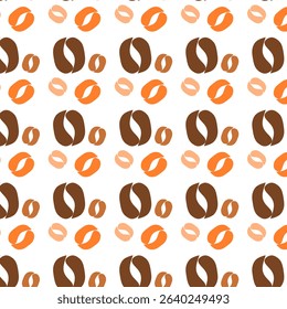 Colorful Coffee Bean Seamless Pattern. Seamless vector pattern of coffee beans in brown, orange, and beige tones. Suitable for backgrounds, packaging, textile prints, and coffee-related branding.
