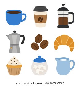 Colorful coffee breakfast bakery and cafe icon collection featuring coffee cup takeaway coffee french press moka pot beans croissant cupcake teapot and sugar bowl isolated on white background