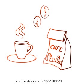 Colorful coffee cup with coffee beans and bag in sketch style. Hand drawn style. Line art. Vector illustration on white.