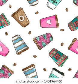 Colorful coffee cup seamless pattern with cute doodle style