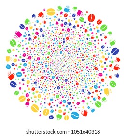 Colorful Coffee Cup sparked round cluster. Vector round cluster bang designed with scattered coffee cup elements. Multi Colored Vector illustration.