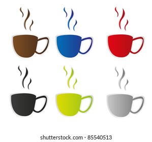 colorful coffee cup stickers isolated over white background. vector