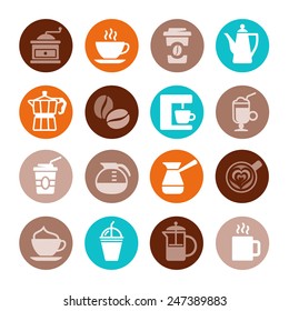 Colorful coffee icon set on white. Vector illustration