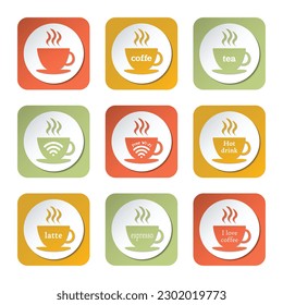 Colorful coffee icons. Nine different icons with a cup of coffee and tea and various inscriptions.