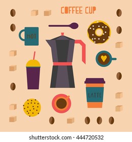 Colorful Coffee illustration in flat design style. Coffee icons collection. Coffee background with coffee beans, mugs, cookie, donut, coffee pot and sugar.
