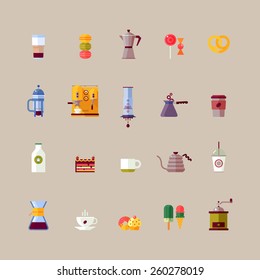 Colorful coffee maker vector flat icons set. Modern icons for coffee shop with french press, aeropress, chemex. Vector isolated illustration