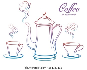 Colorful coffee pot and cups with smoke collection isolated on white. Vector illustration