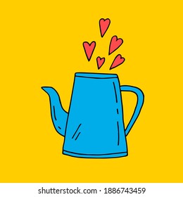 Colorful coffee pot on a yellow background filled with hearts. Vector hand-drawn doodle illustration. Valentine's Day card for February 14. Valentine's Day. Love. Romance.