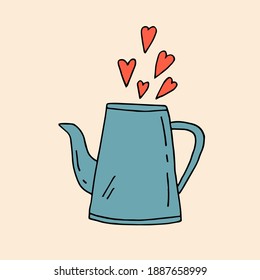 Colorful coffee pot on a yellow background filled with hearts. Vector hand-drawn doodle illustration. Valentine's Day card for February 14. Valentine's Day. Love. Romance.