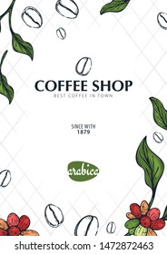 Colorful Coffee Sketch banner with coffee beans and leaves for poster or another template design