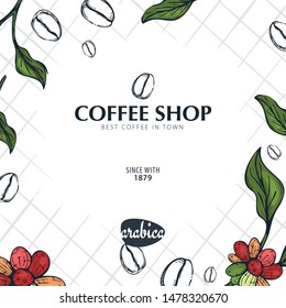 Colorful Coffee Sketch banner with coffee beans and leaves for poster or another template design