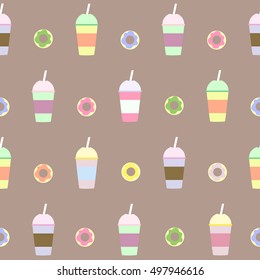 colorful coffee / smoothies cups and donuts seamless pattern