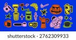 Colorful Coffee stickers set. Coffee cups, French press, croissant, espresso, cappuccino, barista and coffee beans. Doodle hand drawn icons for coffee shop decor and brewing lovers.