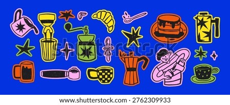 Colorful Coffee stickers set. Coffee cups, French press, croissant, espresso, cappuccino, barista and coffee beans. Doodle hand drawn icons for coffee shop decor and brewing lovers.