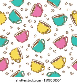 Colorful coffee or tea cups on white background. Seamless pattern for fabric, wallpaper, banner or wrapping paper. Hand drawn style.