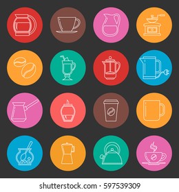 Colorful coffee thin line vector icons set