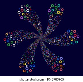 Colorful Cog cyclonic motion on a dark background. Hypnotic burst organized from random cog symbols.