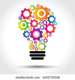 Colorful cog gear light bulb icon. Creative idea  symbol. Business and finance concept. Vector illustration flat design. Isolated on white background.