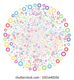Colorful Cogwheel carnival round cluster. Vector globula explosion done with scattered cogwheel symbols. Psychedelic Vector illustration.
