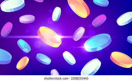 Colorful coins money falling vector. GameFi, Tokens crypto currency on purple background. vector