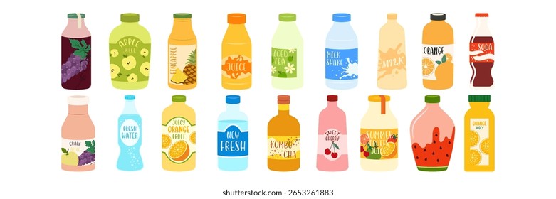 Ilustrações De Bebida Fria Coloridas Em Garrafas, Latas E Caixas De Cartão