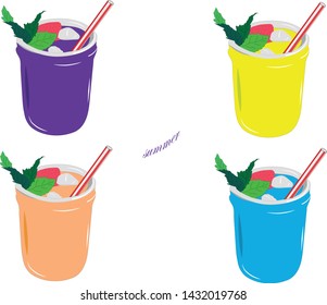 Colorful cold summer drink set vector illustration. Cocktail with strawberry mint and strow in glass
