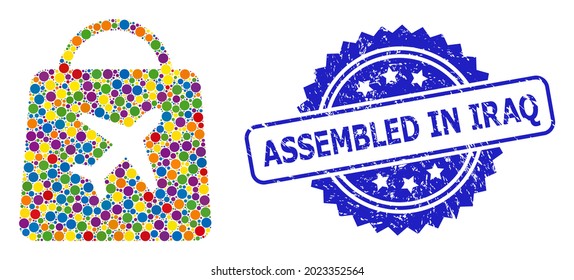 Colorful collage airport shopping, and Assembled in Iraq scratched rosette stamp seal. Blue stamp has Assembled in Iraq caption inside rosette.