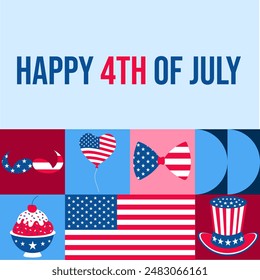 A colorful collage of American symbols and patriotic images, including a heart, a balloon, a mustache, a flag, and a hat. The collage is titled "Happy 4th of July"
