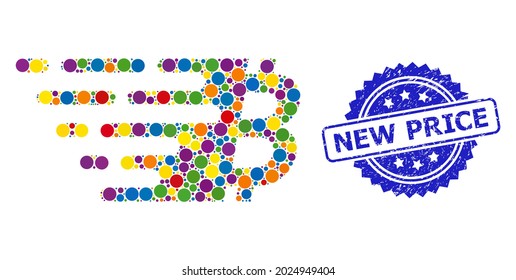 Colorful collage bitcoin symbol, and New Price corroded rosette stamp seal. Blue stamp seal has New Price title inside rosette. Vector round dots are united into abstract collage bitcoin symbol icon.