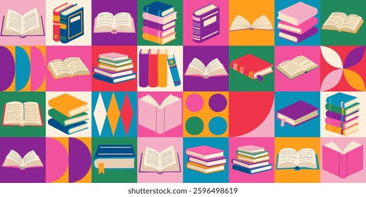 A colorful collage of books with different sizes and colors. Concept of a diverse collection of books, possibly representing a library or a bookstore