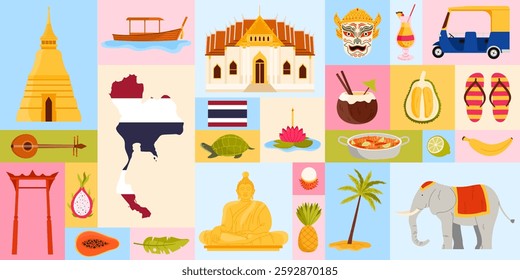 A colorful collage capturing the essence of Thailand culture and traditions. Features iconic landmarks, traditional food, tropical fruits, Thai architecture, and national symbols, vector illustration.