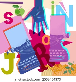 Colorful collage with engraving drawing of an old typewriter torn in two halves, palm hand silhouette, letters, lace ornament and other design elements with 
risograph effect. Vector illustration