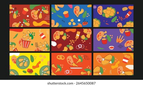 Colagem colorida de pernas de frango fritas, baquetas, pizza e molhos de imersão com bolhas gráficas abstratas para visuais de fast food divertidos.