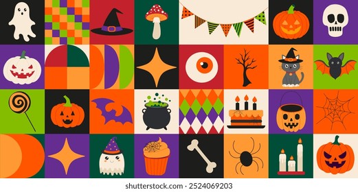 A colorful collage of Halloween-themed images, including pumpkins, bats, witches, and other spooky creatures