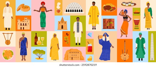 Colorful collage highlighting African traditions, clothing, cuisine, and iconic architecture. Celebration of African heritage and diversity, vector illustration.