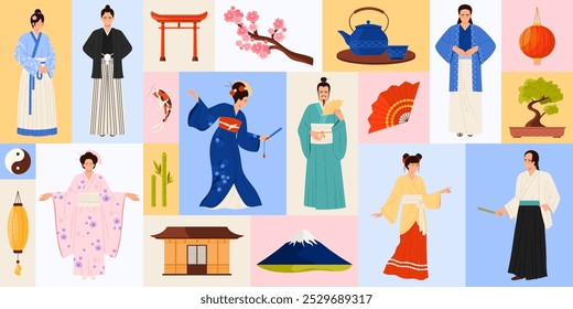 A colorful collage highlighting the beauty of traditional Japanese attire, its rich culture, and iconic symbols vector illustration. Represents japanese national identity.