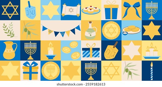 A colorful collage of Jewish symbols and food. The collage is made up of squares and rectangles