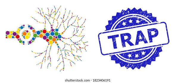 Colorida interfaz digital de neuronas colgantes y imitación del sello de rosette impuro Trap. El sello azul incluye la etiqueta Trap dentro de la roseta.
