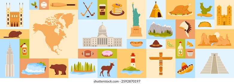 A colorful collage of North American icons and symbols, highlighting famous landmarks, regional foods, popular sports, and native wildlife, arranged in a graphic tile pattern.