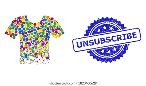 Colorful collage ragged t-shirt, and Unsubscribe textured rosette seal imitation. Blue seal has Unsubscribe tag inside rosette.
