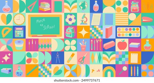 A colorful collage of school supplies and a clock with the words "Back to School" written on it