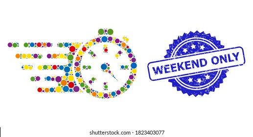 Temporizador de collage colorido y sello de rosette crujiente sólo fin de semana. El sello azul tiene el título Sólo fin de semana dentro de rosette. Los elementos de círculo vectorial se unen en el icono de temporizador de collage abstracto.